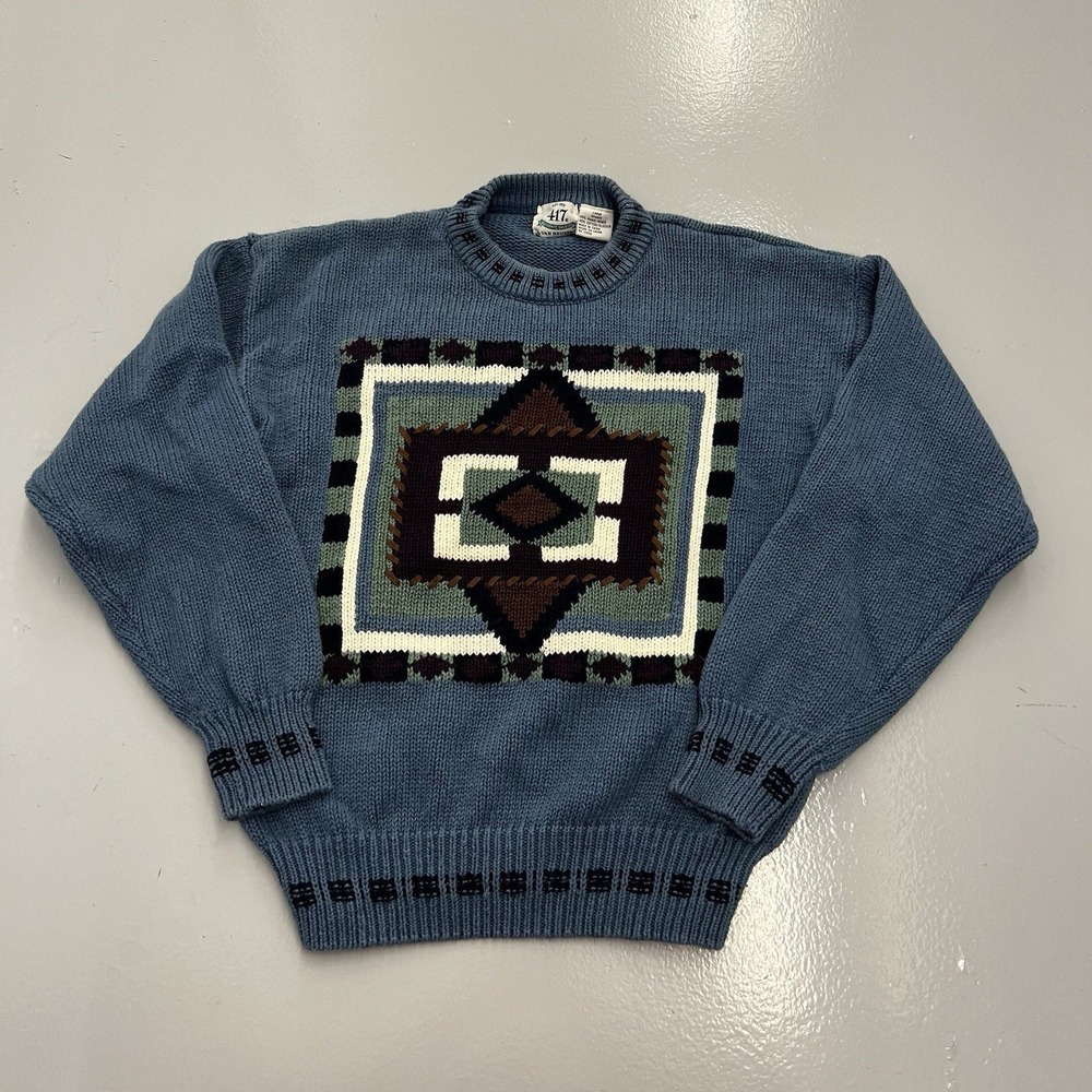 417 Van Heusen Mens Large Blue Southwestern Geometric Knit Sweater Vintage 90s